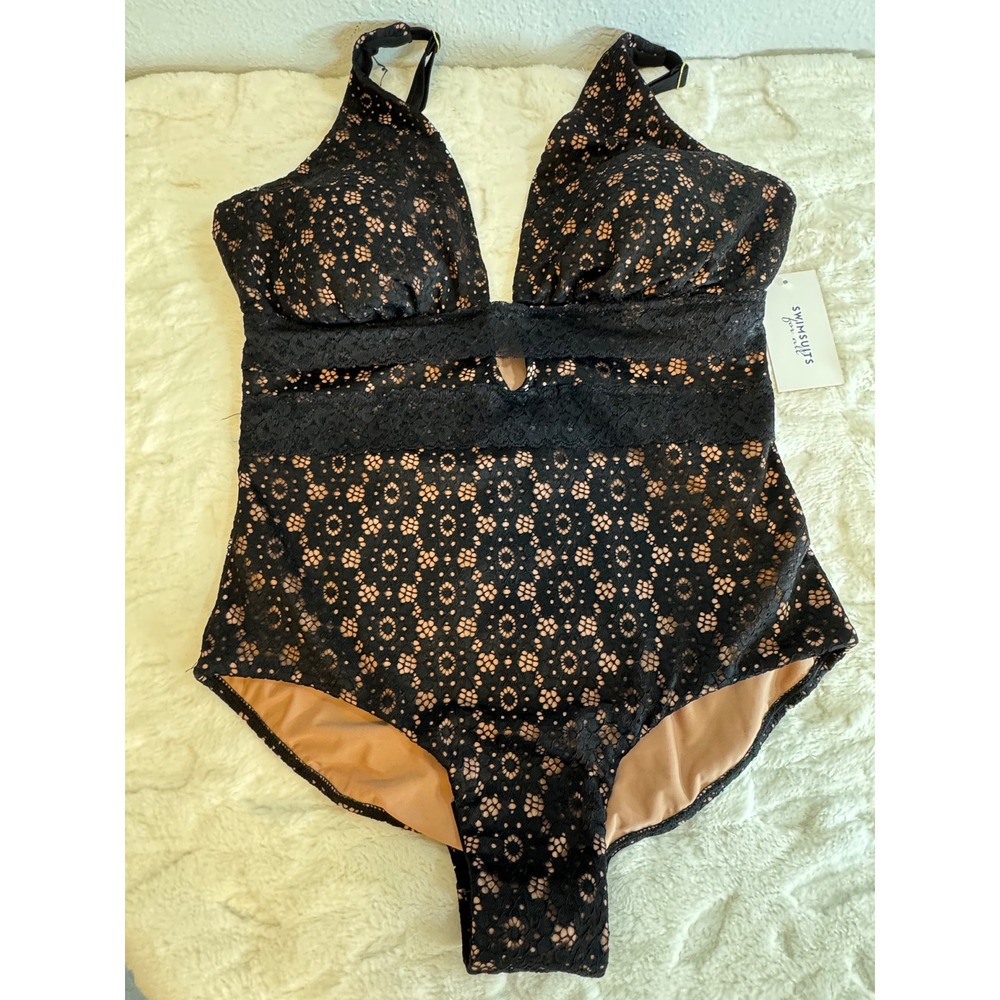 Swimsuits For All Women Black Lace Nude Lining V-Neck One Piece Swimsuit NWT - Picture 10 of 14